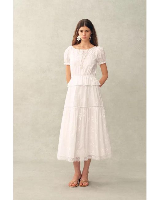 Fabrique Natural Elise Lace Embroidered Puff Sleeve Waist Cinched Dress