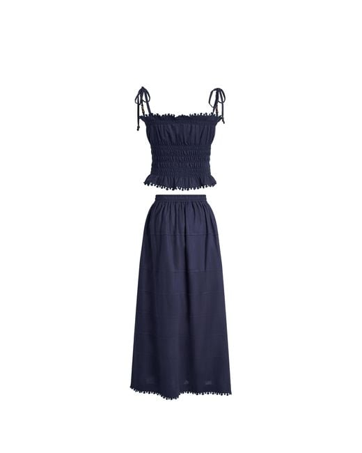 Fabrique Blue Siena Smocked Tie Front Bandeau Top And Maxi Skirt Set