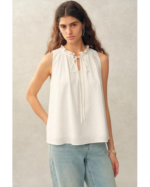 Fabrique Blue Rosalind Ruffle Neck Tie Front Sleeveless Top