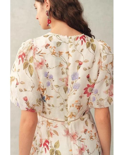 Fabrique Green Willa Floral Print V Neck Puff Sleeve Dress
