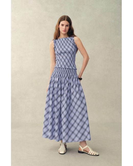 Fabrique Blue Crystal Smocked A Line Plaid Skirt