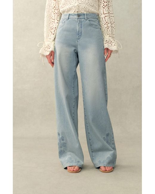 Fabrique Blue Berthe Embossed Flowers Straight Leg Jeans