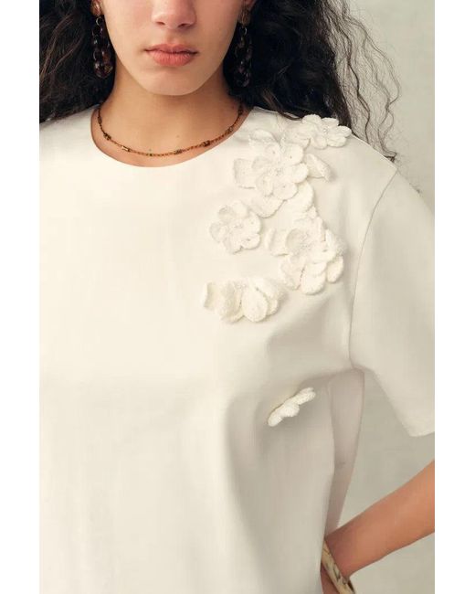 Fabrique Blue Celine Pearl Beaded Hand Crochet Floral T-Shirt