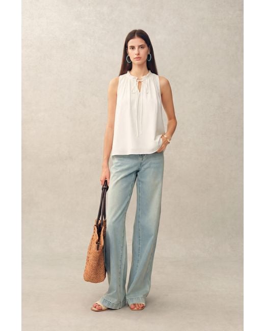 Fabrique Blue Rosalind Ruffle Neck Tie Front Sleeveless Top
