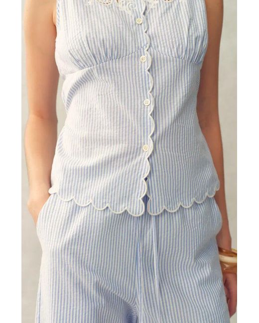 Fabrique Natural Lone Striped Embroidered Sleeveless Lace Trim Cami Top
