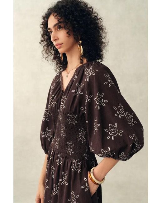 Fabrique Natural Cleo Smocked Handpainted Floral Puff Sleeve Midi Dress