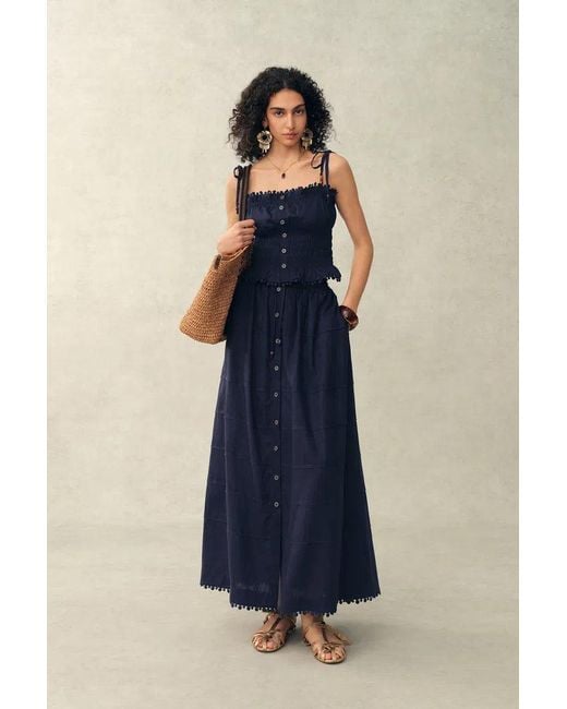 Fabrique Blue Siena Smocked Tie Front Bandeau Top And Maxi Skirt Set