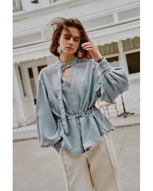 Fabrique Blue Aurore Button Collar Drawstring Lantern Sleeve Blouse