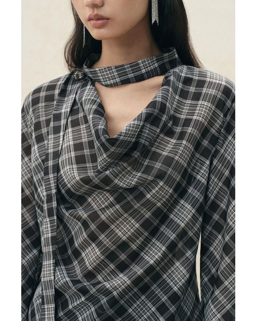 Fabrique Natural Fern Plaid Scarf Tie Blouse