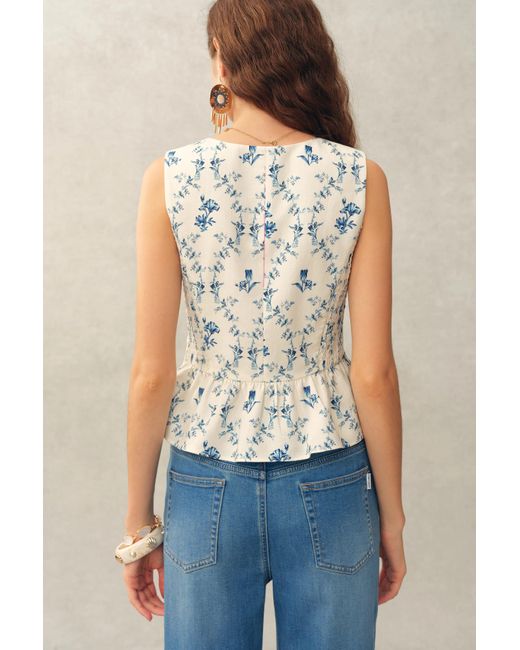 Fabrique Natural Elara Pleated Floral Square Neck Pearl Button Sleeveless Top And Skirt Set