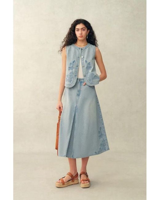 Fabrique Blue Perla Embossed Flowers Sleeveless Round Neck Top And Skirt Matching Set