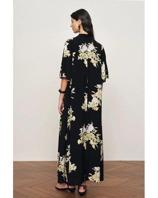 Fabrique Black Aria Floral Tie Neck Elbow Sleeve Dress