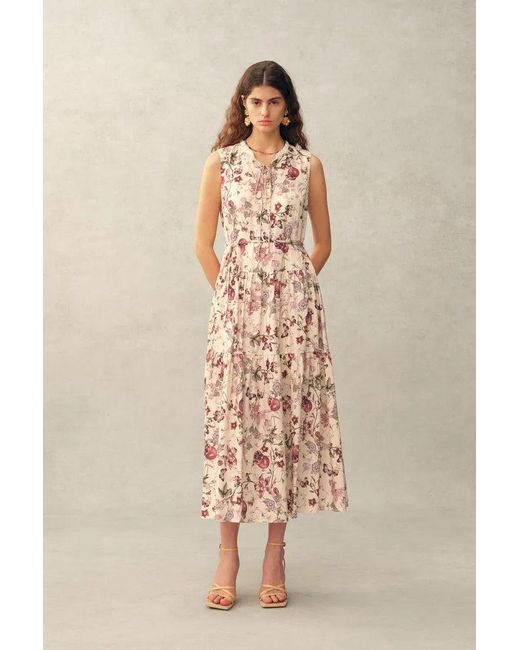 Fabrique Green Liana Printed Pomegranate Floral Tiered Dress