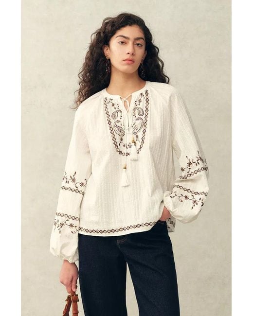Fabrique Natural Brioche Beaded Tassel Tie Embroidery Blouse