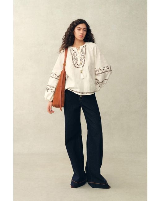 Fabrique Natural Brioche Beaded Tassel Tie Embroidery Blouse