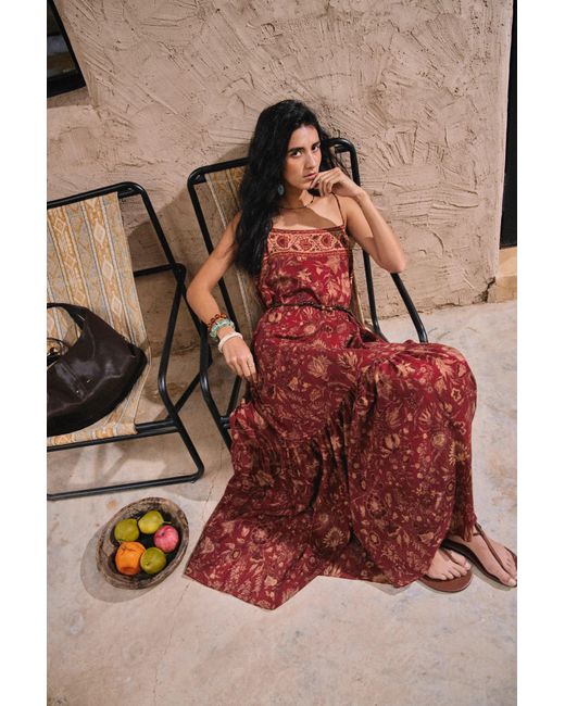 Fabrique Red Jules Handpainted Persian Floral Cami Dress