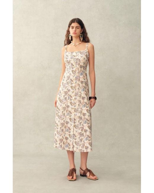 Fabrique Natural Scarlett Handpainted Waterlily Square Neck Fitted Sleeveless Dress