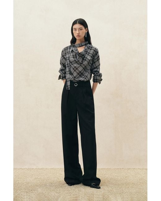 Fabrique Natural Fern Plaid Scarf Tie Blouse