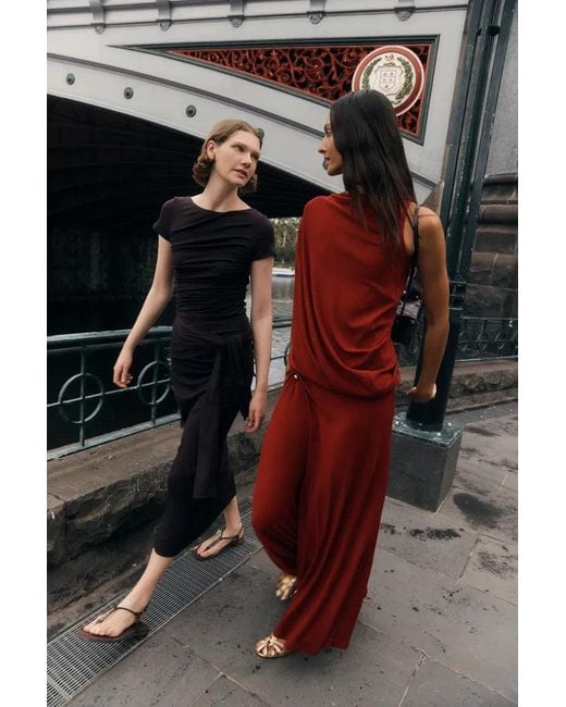 Fabrique Red Florence Asymmetrical Draped Sleeveless Top And Skirt Set