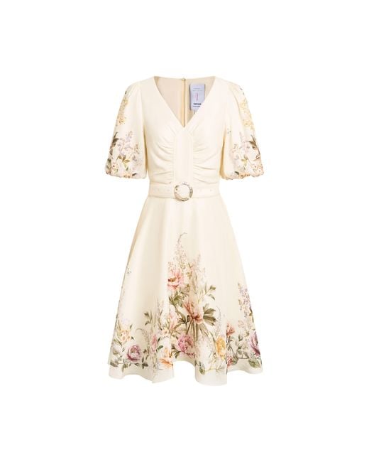 Fabrique Natural Eve Handpainted Floral Belted Puff Sleeves Dress