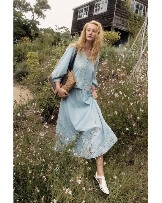 Fabrique Blue Marmont Pin Tuck Embroidery Blouse And Skirt Matching Set