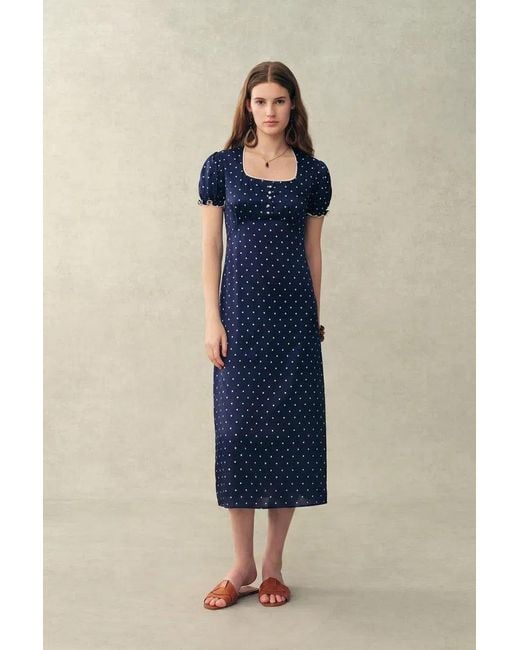 Fabrique Blue Carole French Style Polka Dot Squre Neck Puff Sleeve Dress