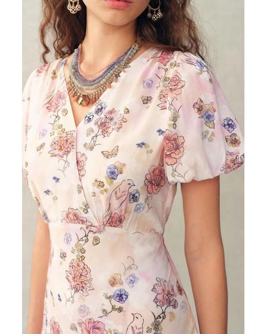 Fabrique Natural Coco Handpainted Floral Puff Sleeve Cinched Dress