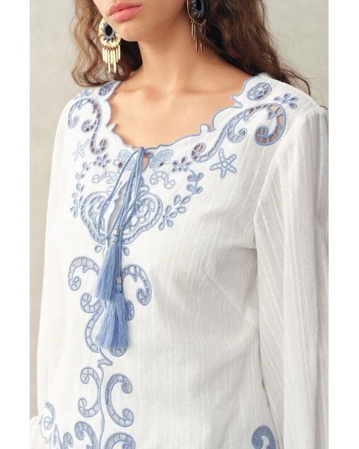 Fabrique Natural Maggie Embroidery Resort Wear Tie Front Sheer Shirt And Skirt Set