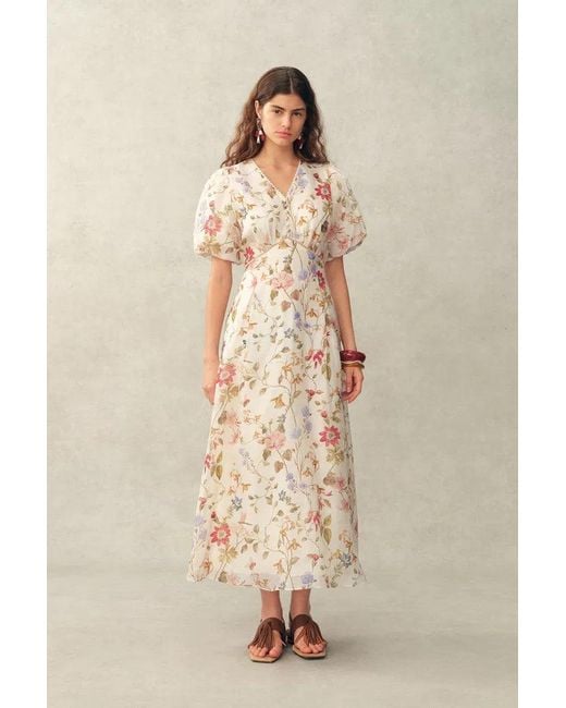 Fabrique Green Willa Floral Print V Neck Puff Sleeve Dress