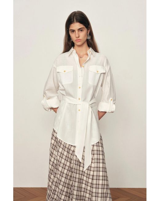 Fabrique Blue Faye Belted Roll Tab Sleeves Safari Blouse