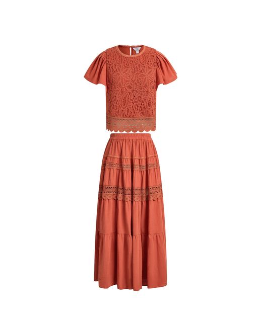 Fabrique Red Kalia Lace Embroidery Pleated Cap Sleeve Top And Maxi Slit Skirt Set