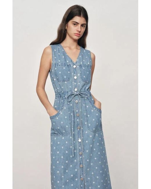 Fabrique Blue June Faded Polka-Dot Drawstring Waist Sleeveless Dress