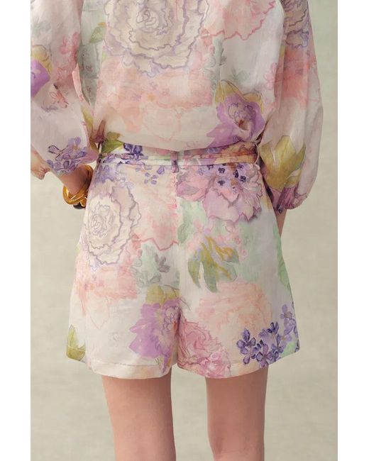 Fabrique Pink Yori Handpainted Floral Print Sheer Beaded Belt Shorts