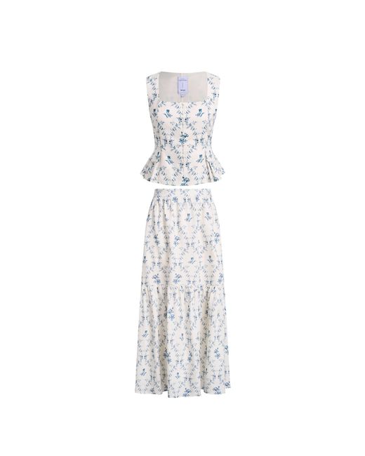 Fabrique Natural Elara Pleated Floral Square Neck Pearl Button Sleeveless Top And Skirt Set