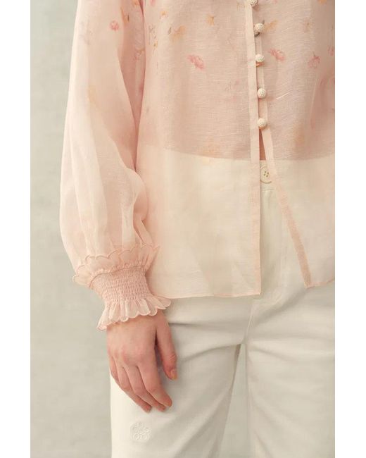 Fabrique Natural Lillian Handpainted Floral Embroidery Sheer Ombré Print Blouse And Shorts Set
