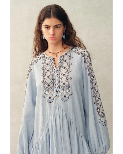 Fabrique Blue Bohdi Boho Embroidery Crewneck Puff Sleeve Dress