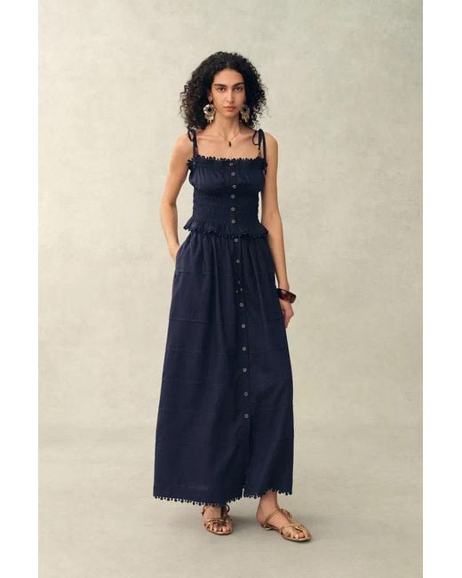 Fabrique Blue Siena Smocked Tie Front Bandeau Top And Maxi Skirt Set