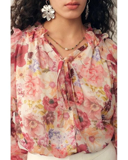 Fabrique Natural Marie Hand-Painted Print V-Neck Ruffle Top