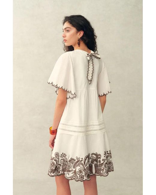 Fabrique White Margaret Contrast Paisley Embroidery Short Dress