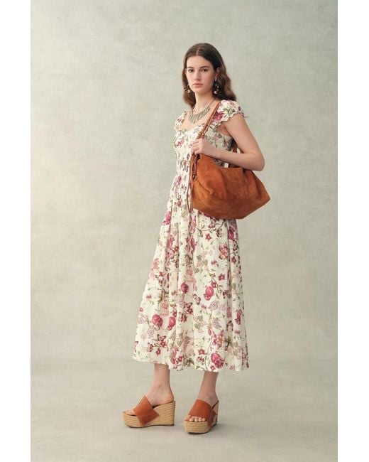 Fabrique Brown Ria Smocked Pomegranate Print Strap Dress With Built-In Cups