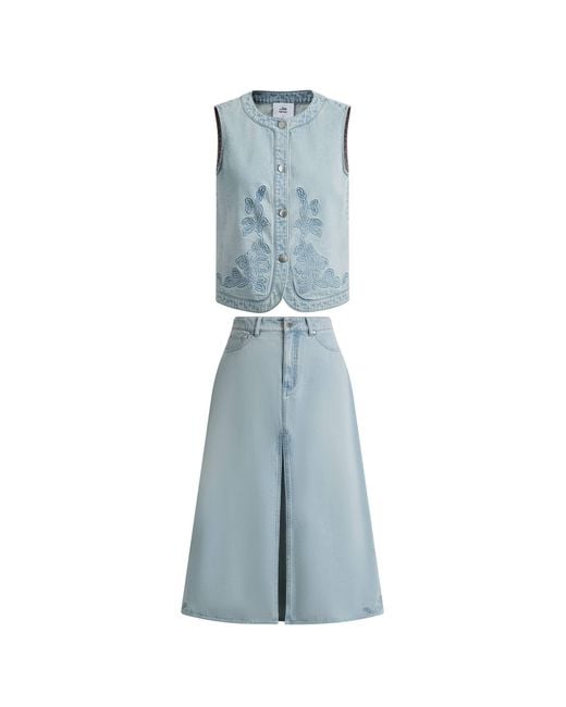 Fabrique Blue Perla Embossed Flowers Sleeveless Round Neck Top And Skirt Matching Set