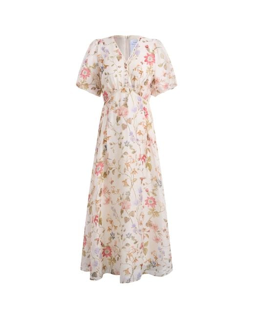 Fabrique Green Willa Floral Print V Neck Puff Sleeve Dress
