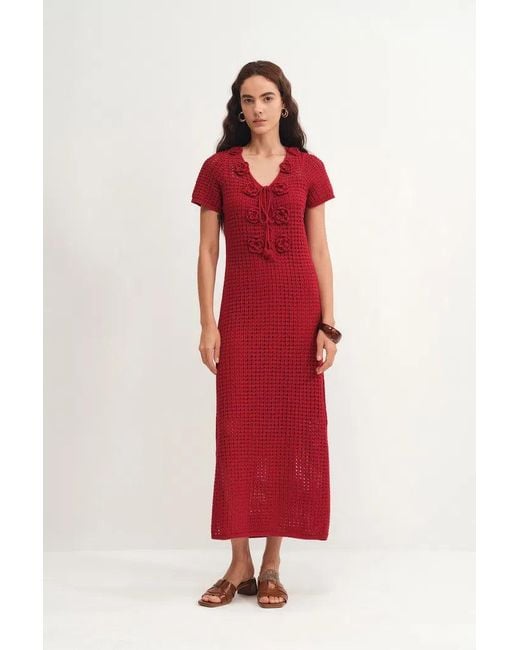 Fabrique Red Golf Floral Crocheted Knit Dress