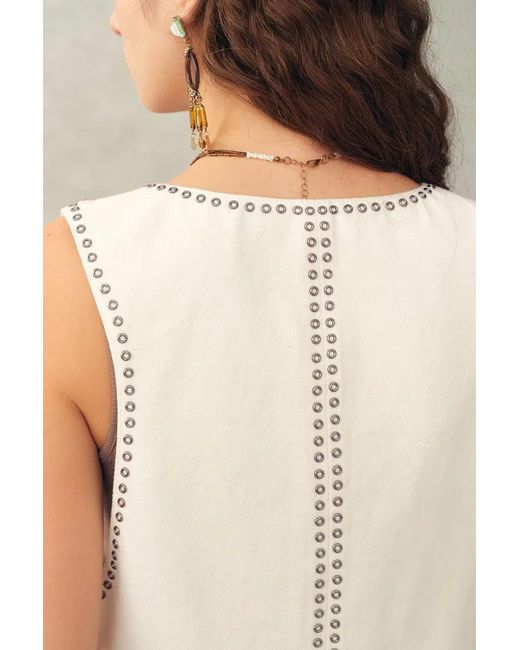 Fabrique Natural Charlie Boho Mother Of Pearl Studded Side Tassel Tie Vest Top