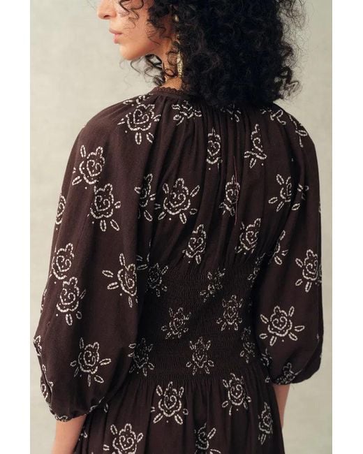 Fabrique Natural Cleo Smocked Handpainted Floral Puff Sleeve Midi Dress