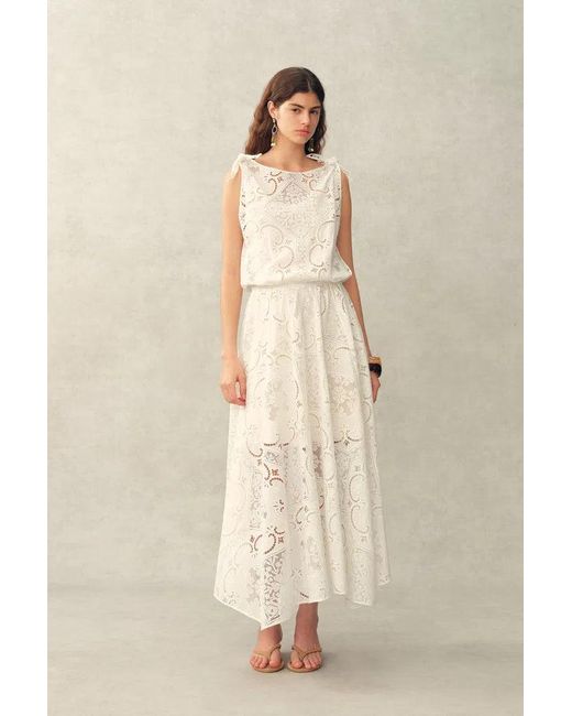 Fabrique Natural Nellie Cutwork Embroidered Scarf Tie Layered Sleeveless Dress