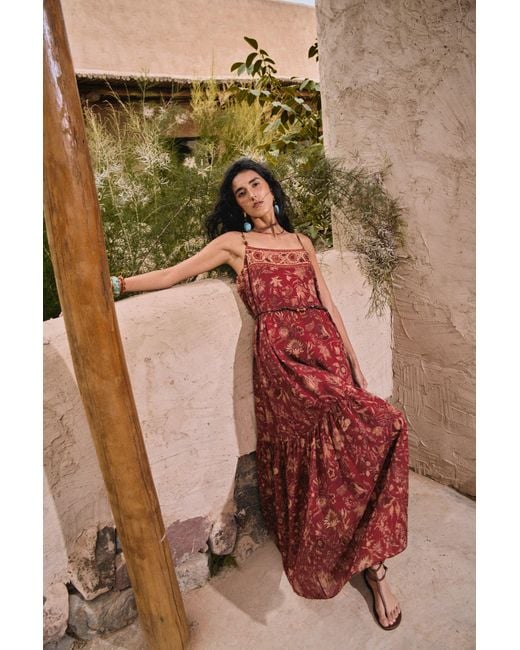 Fabrique Red Jules Handpainted Persian Floral Cami Dress