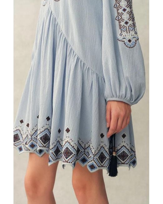 Fabrique Blue Bohdi Boho Embroidery Crewneck Puff Sleeve Dress