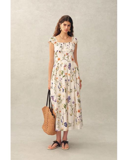 Fabrique Natural Eliana Handpainted Freesia Ruffle Trim Wide Strap Sleeveless Dress