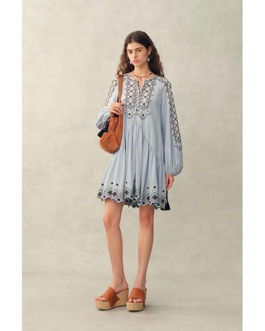 Fabrique Blue Bohdi Boho Embroidery Crewneck Puff Sleeve Dress